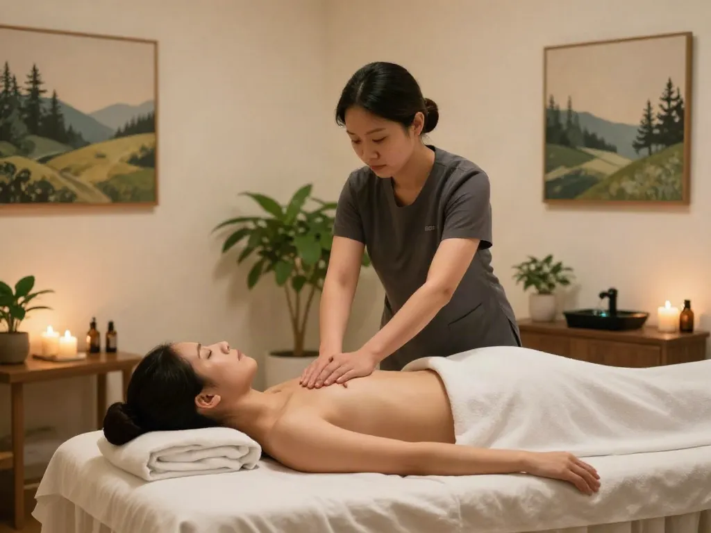 Relaxing 파주출장안마 massage therapy session in a serene room with calming decor.