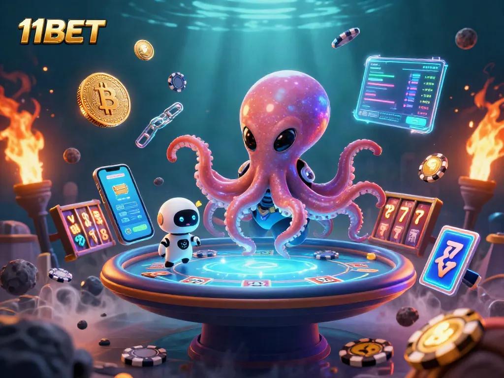 Engage with 11BET's vibrant online casino scene featuring an alien octopus playing poker.