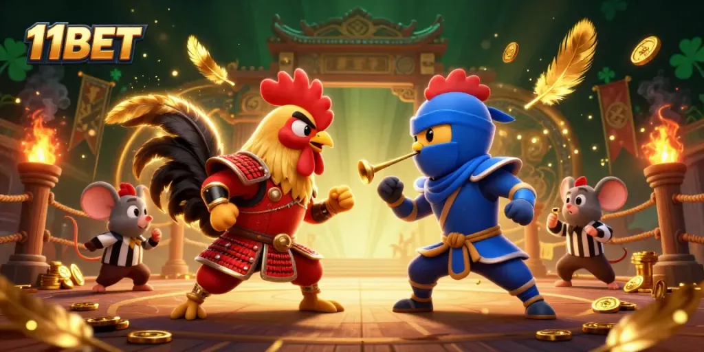 11BET showcases an epic standoff between cartoon roosters in a vibrant gambling scene
