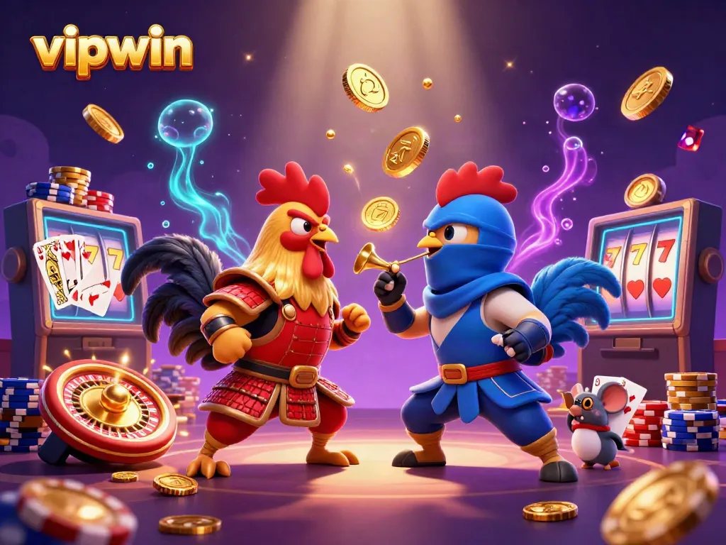 Engage in thrilling gameplay with vipwin, featuring epic rooster duel amidst cascading coins and gems.
