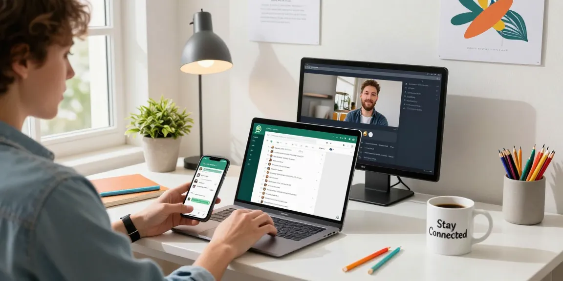 Person engaged in work at a home office using WhatsApp網頁版 with multiple screens and a bright atmosphere.