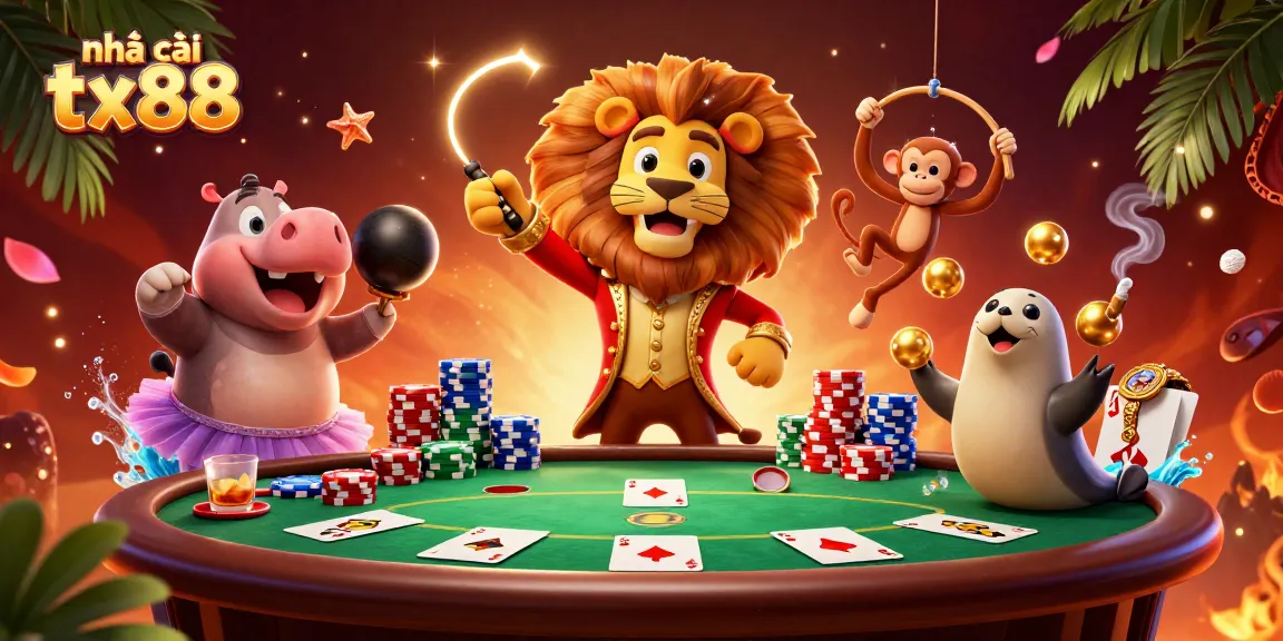 Engage with the fun energy of nhà cái tx88 in this vibrant circus-themed gambling illustration.