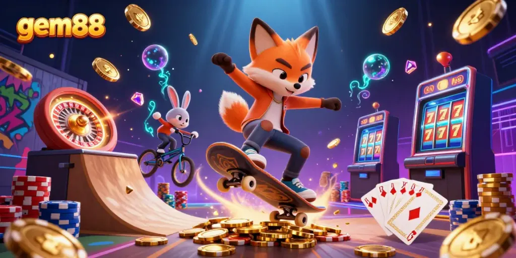 Experience excitement with gem88 through a vibrant 3D illustration of gaming and cheerful characters.