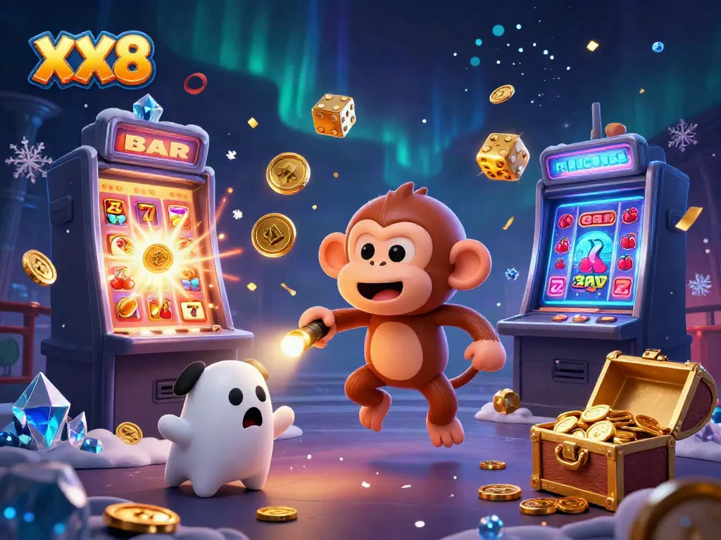Dive into the thrills of XX8 with a playful poltergeist monkey juggling gold in a vibrant casino scene.