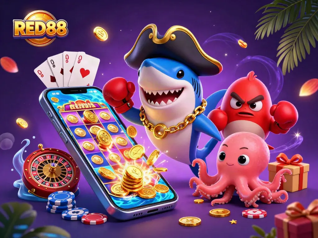 Win big with RED88 in this vibrant 3D casino illustration featuring exciting gaming elements.