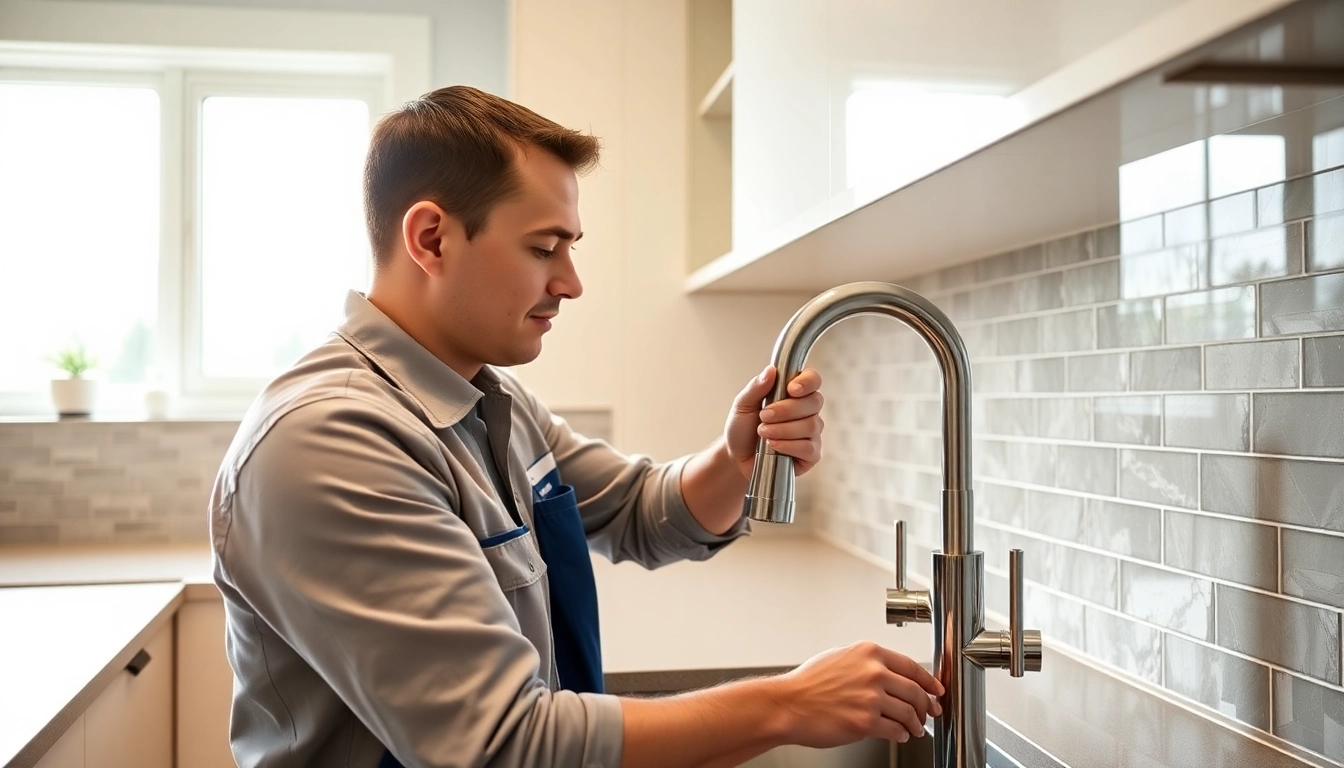 Skilled plumber West Vancouver installing a modern faucet in a stylish kitchen setting.