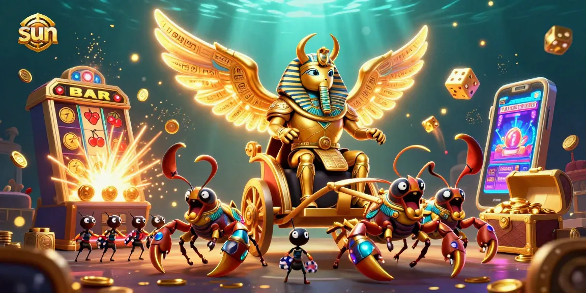 Win big with the sun as the colossal scarab beetle and scorpions celebrate in a vibrant casino scene.