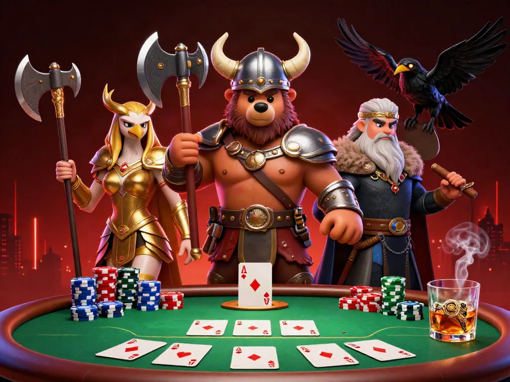 Viking berserker bear, Valkyrie eagle, and Odin's ravens celebrating with B52-themed poker elements.