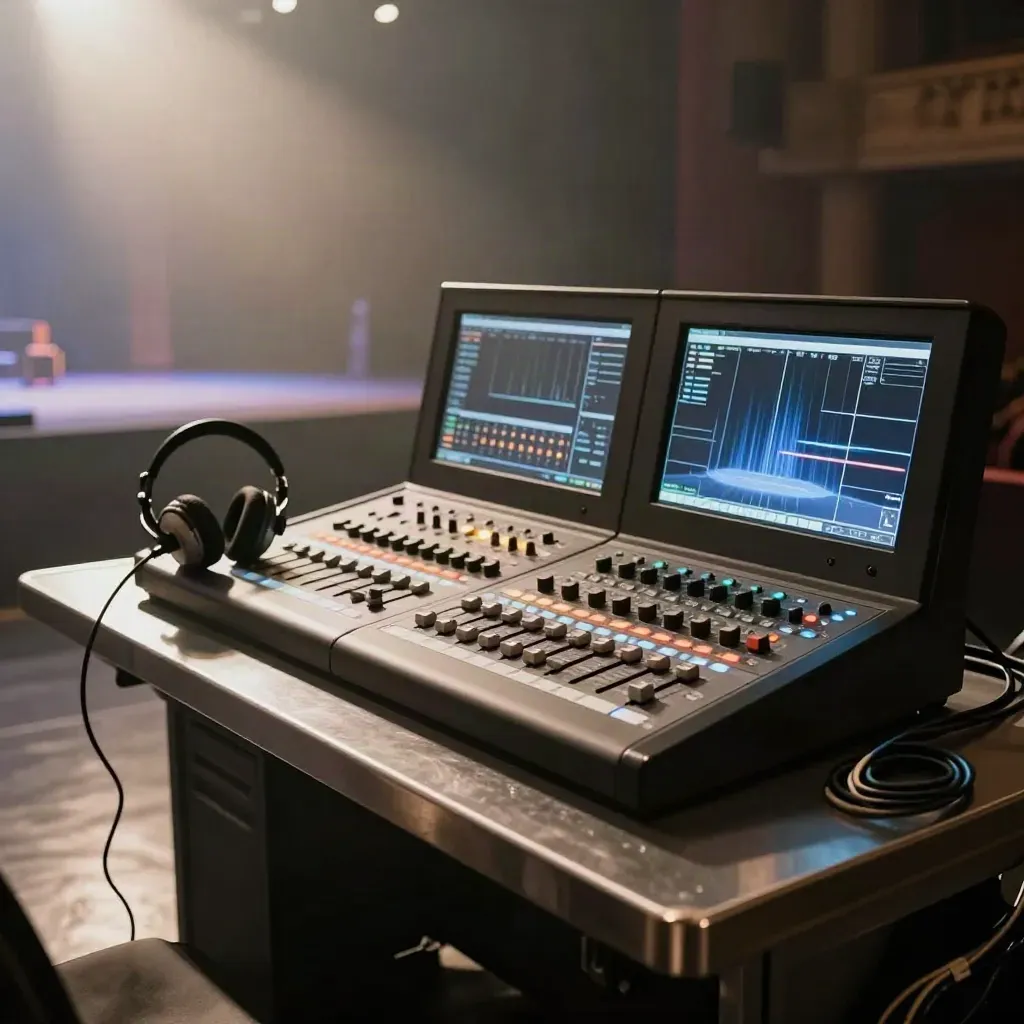 Backstage livestream control desk glowing through theater haze, with switcher, mixer and screens.