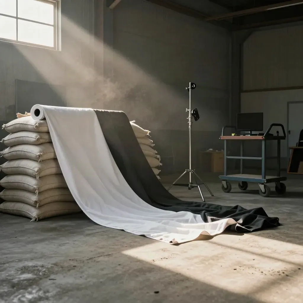 Film gear staged by a warehouse opening, with dust in late afternoon light.