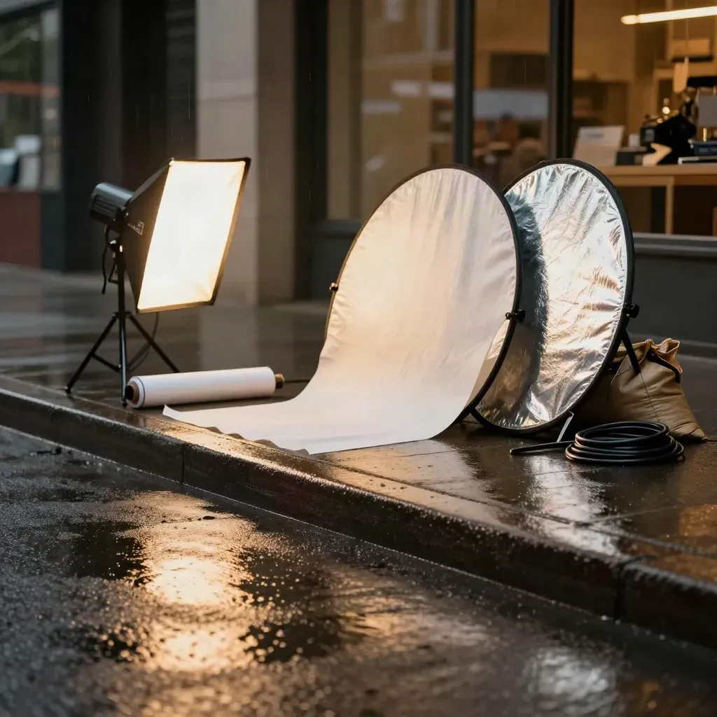 Rainy curbside campaign gear with softbox, reflectors, light stand, seamless paper and wet gold reflections.