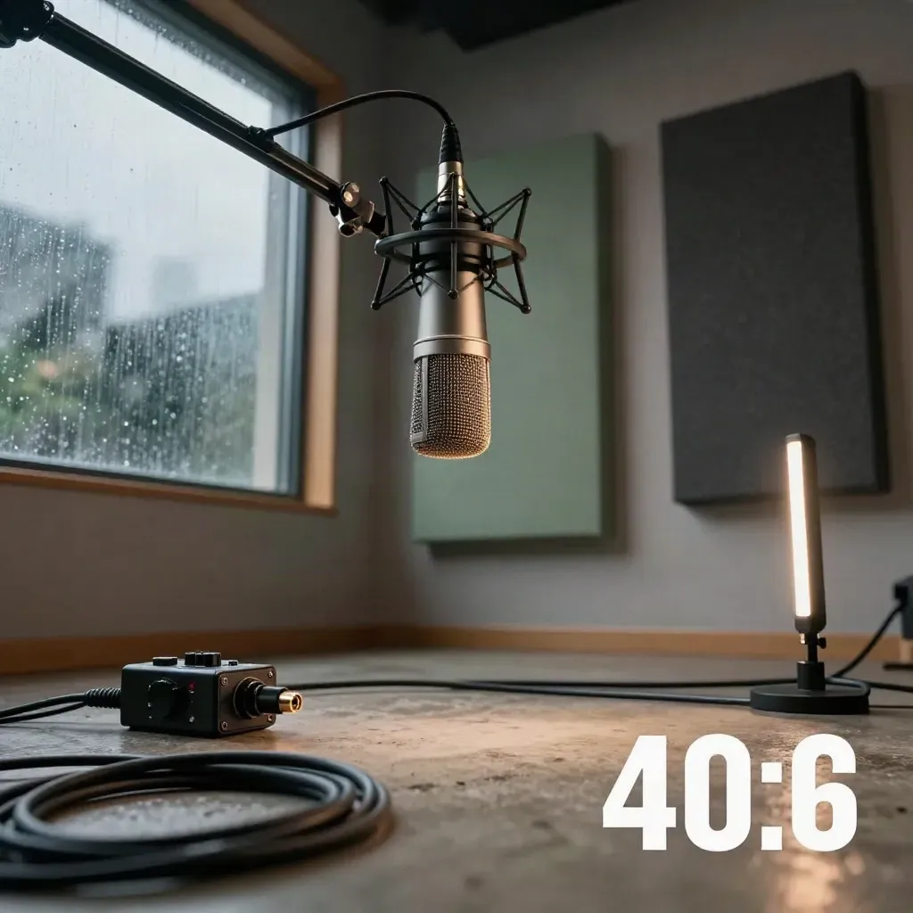 Rain-damp podcast studio kit with hanging mic, cables, acoustic panels, and warm edge light.