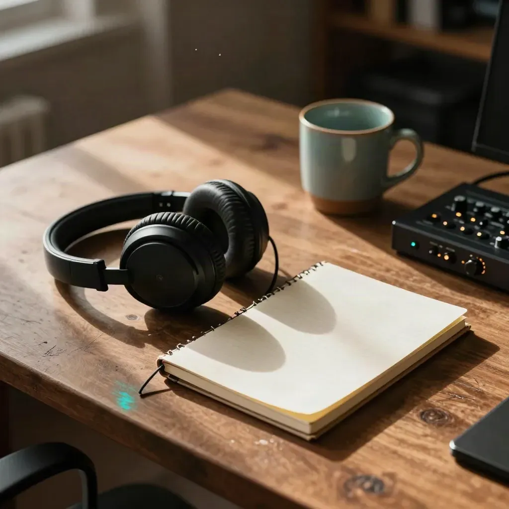 Podcast headphones, notebook, mic arm, and mug on a worn desk in warm afternoon light.