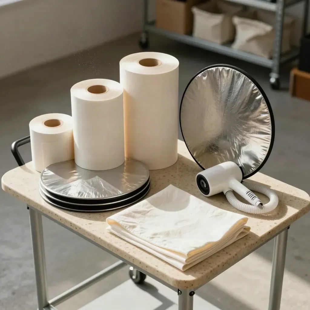 Overhead studio prep cart with seamless rolls, reflectors, muslin, and a steamer on travertine
