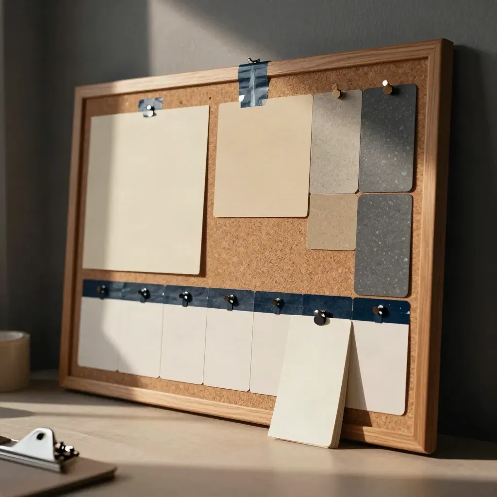 Planning wall with color chips, navy tape and stacked shot cards in a quiet studio.