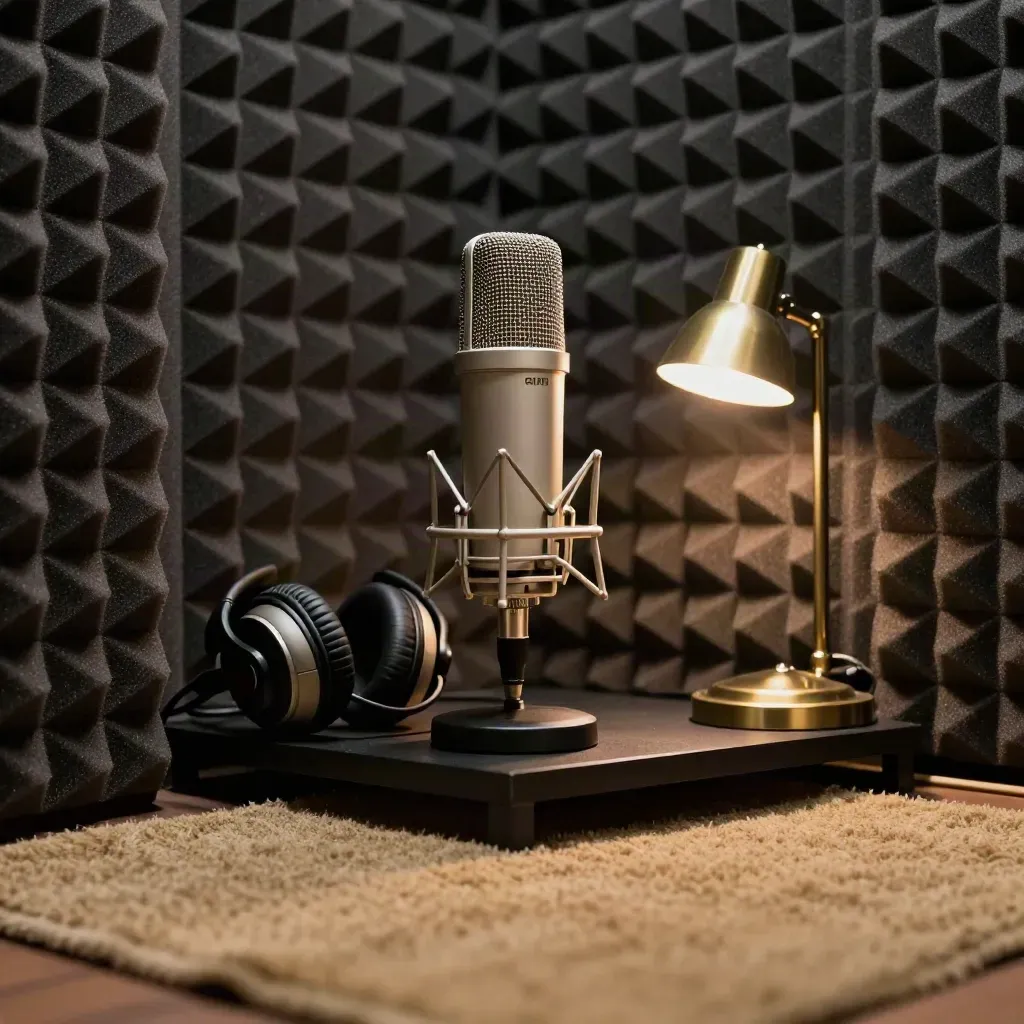 Mic in a foam-lined booth with rug, coiled cable, and warm lamp glow.
