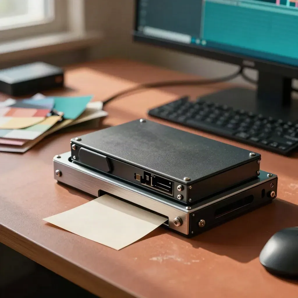 Macro of editing drives, metal tray, swatches, and teal screen glow on a terracotta desk