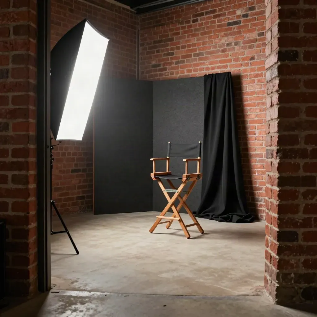 Brick loft interview corner with acoustic panels, drape, stool, and a white light rake