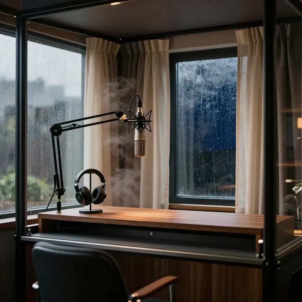 Rainy glass podcast booth with mic, headphones, and acoustic curtains in warm studio light.