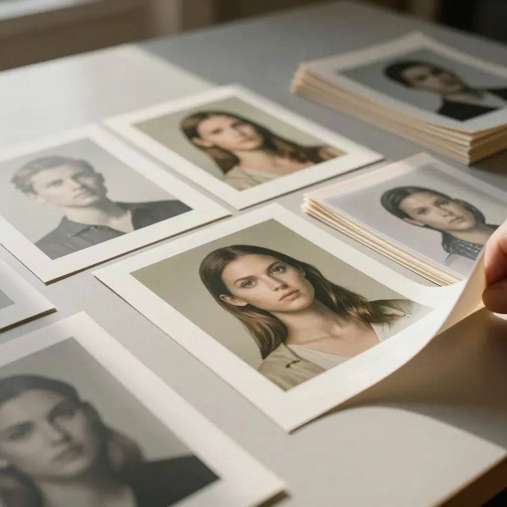 Grid of portrait proof prints on a light table with warm gold highlights.