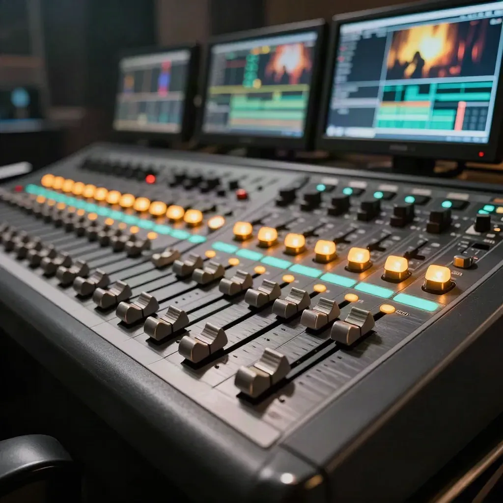 Extreme macro of a live broadcast control desk with glowing tally lights and monitors in haze.