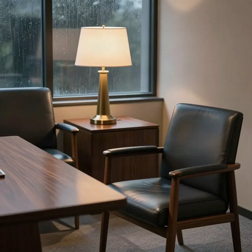 Moody boardroom corner with leather chairs, oak table edge, lamp glow, and a dark window