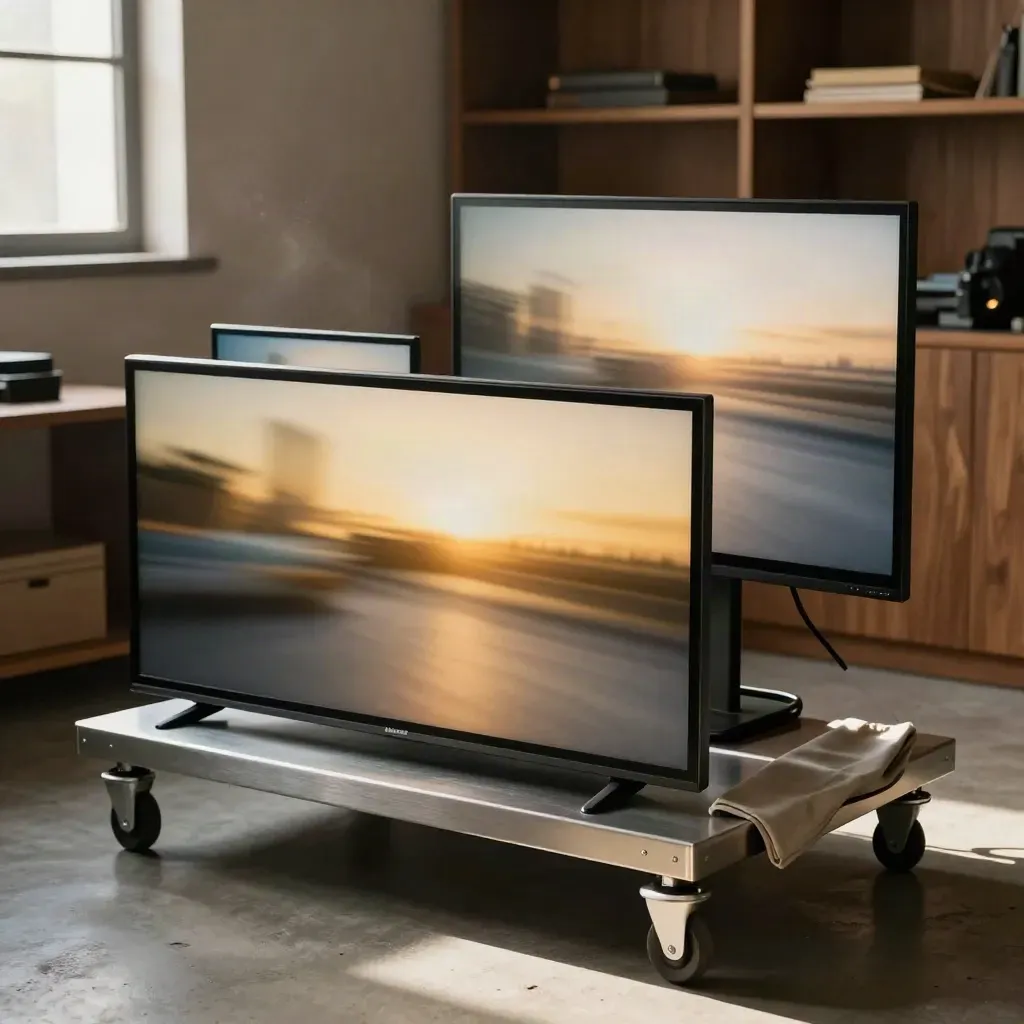 Three blurred preview screens on a media cart in a warm studio corner.