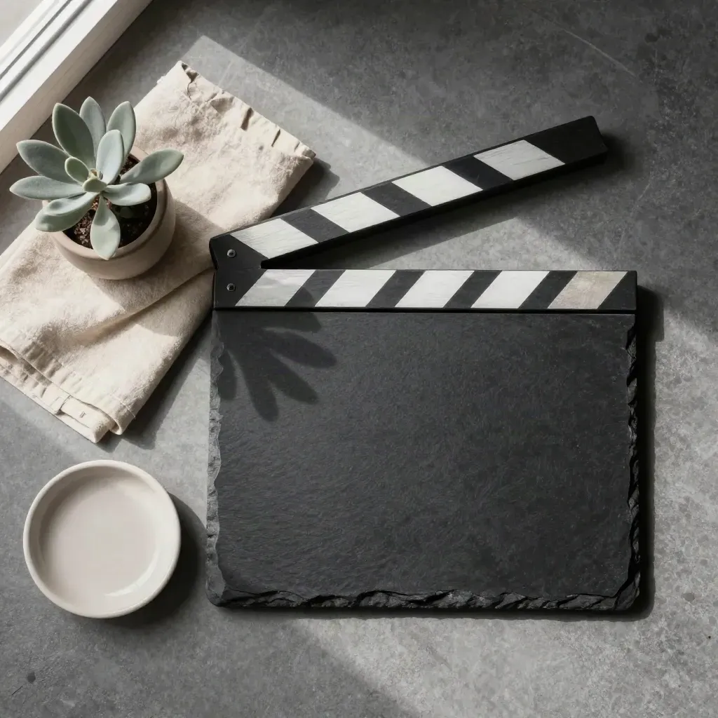 Top-down clapper slate, linen, plant and ceramic dish on matte stone.