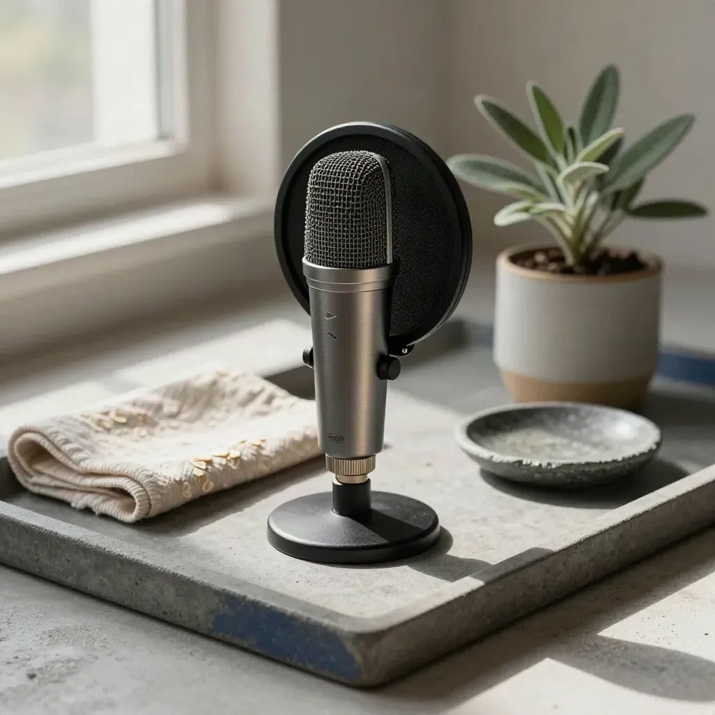 Broadcast microphone on stone tray with cloth, plant, and ceramic dish in soft window light