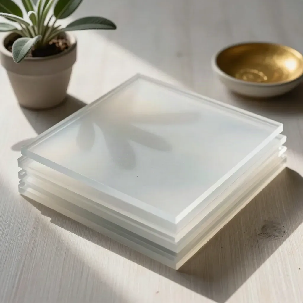 Clear acrylic layers, gel sheets, a small plant and ceramic dish on pale wood, top-down studio still life.