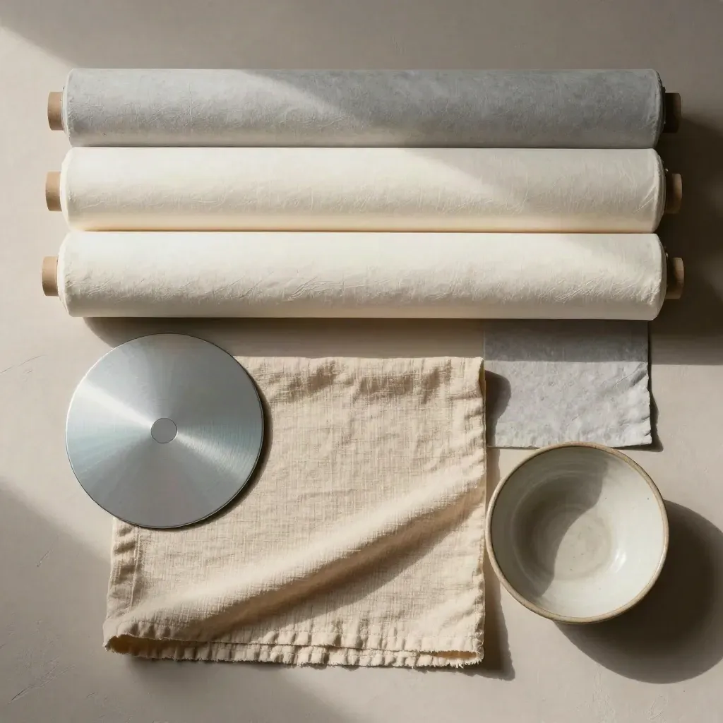 Studio backdrop rolls, reflector disc, muslin and ceramic bowl on a pale plaster surface
