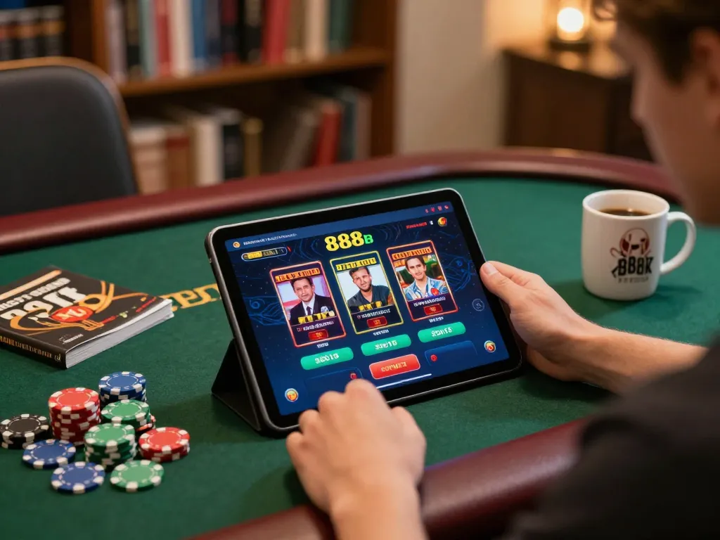 Player engaging with 888b online casino on tablet, showcasing interactive gaming interface and tips for responsible gambling