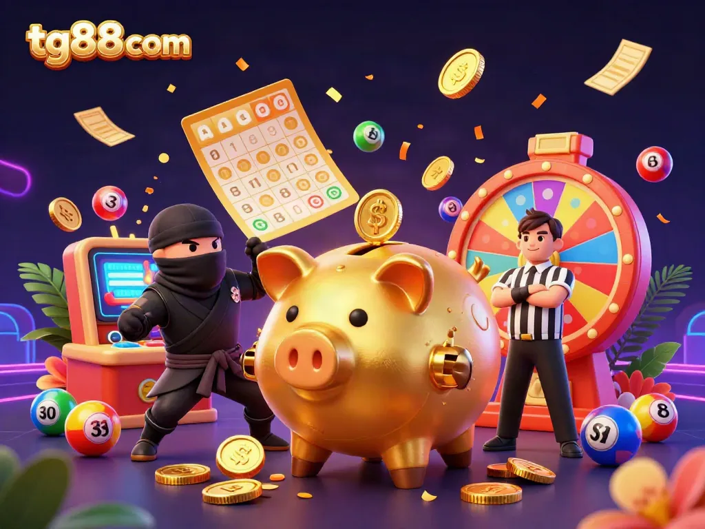 Engage in thrilling gaming at tg88 com with an exciting 3D cartoon scene featuring a golden piggy bank sumo wrestler.