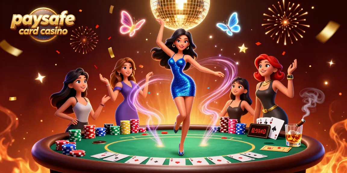 Genießen Sie die lebendige Atmosphäre eines Paysafe Card Casinos mit einer glamourösen Frau und Poker-Elementen.