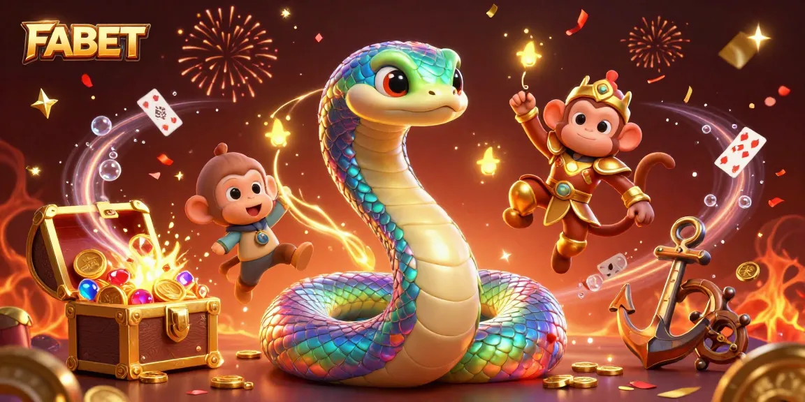 Engage with FABET’s vibrant online gaming world, showcasing a colorful serpent amid festive casino elements.