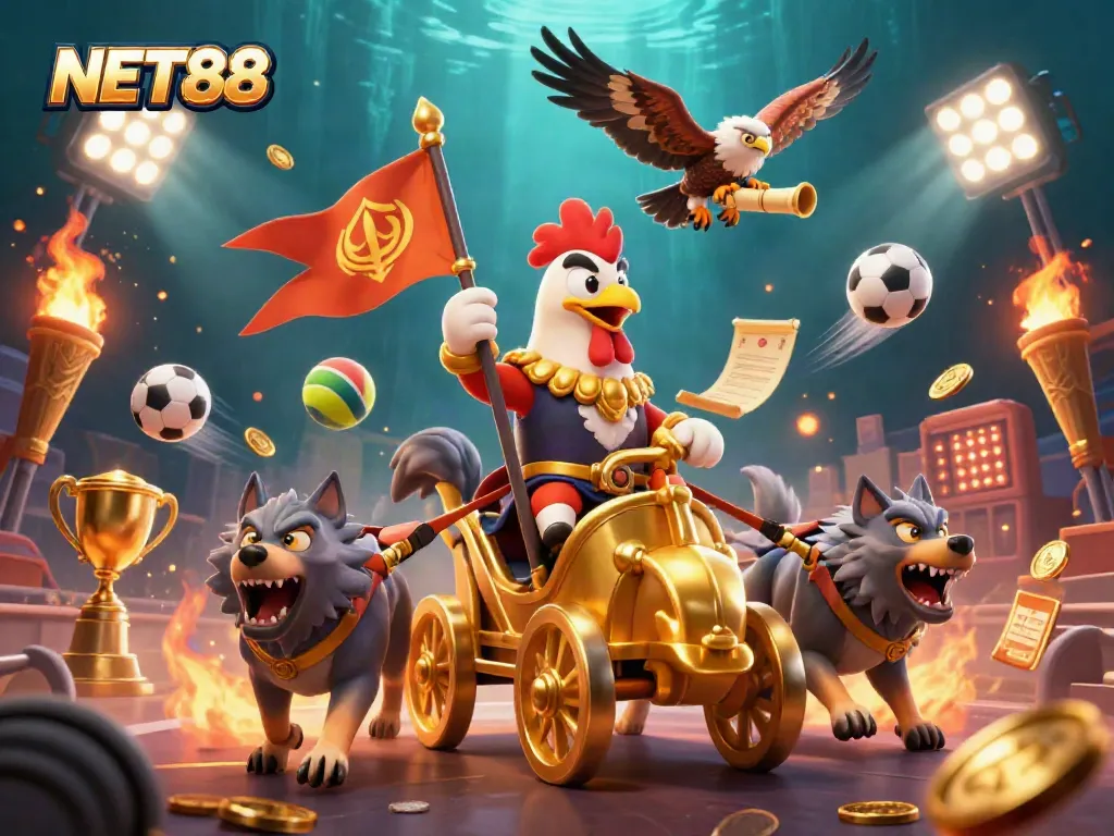 Engage with NET88's dynamic gaming world featuring a powerful rooster warlord and exhilarating sports elements.