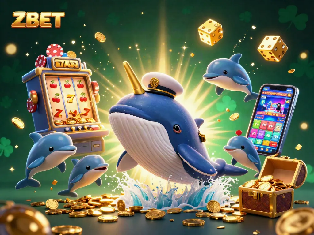 Experience the thrill of ZBET with a whimsical 3D scene featuring a whale, narwhal, and dolphins