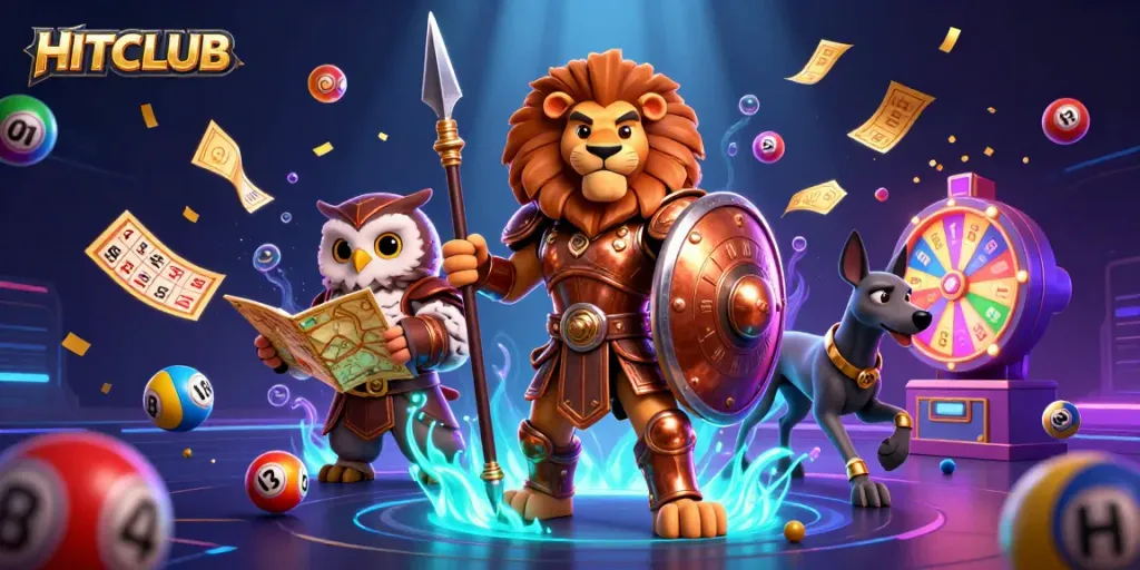 Engage with HITCLUB's dynamic gambling scene featuring a Spartan lion amidst vibrant lottery elements.