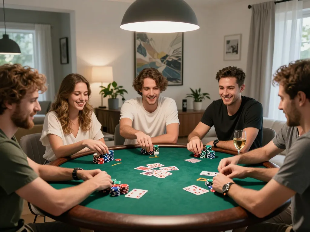 Engaged friends enjoying a game of poker at home, showcasing keonhacai strategies in action.