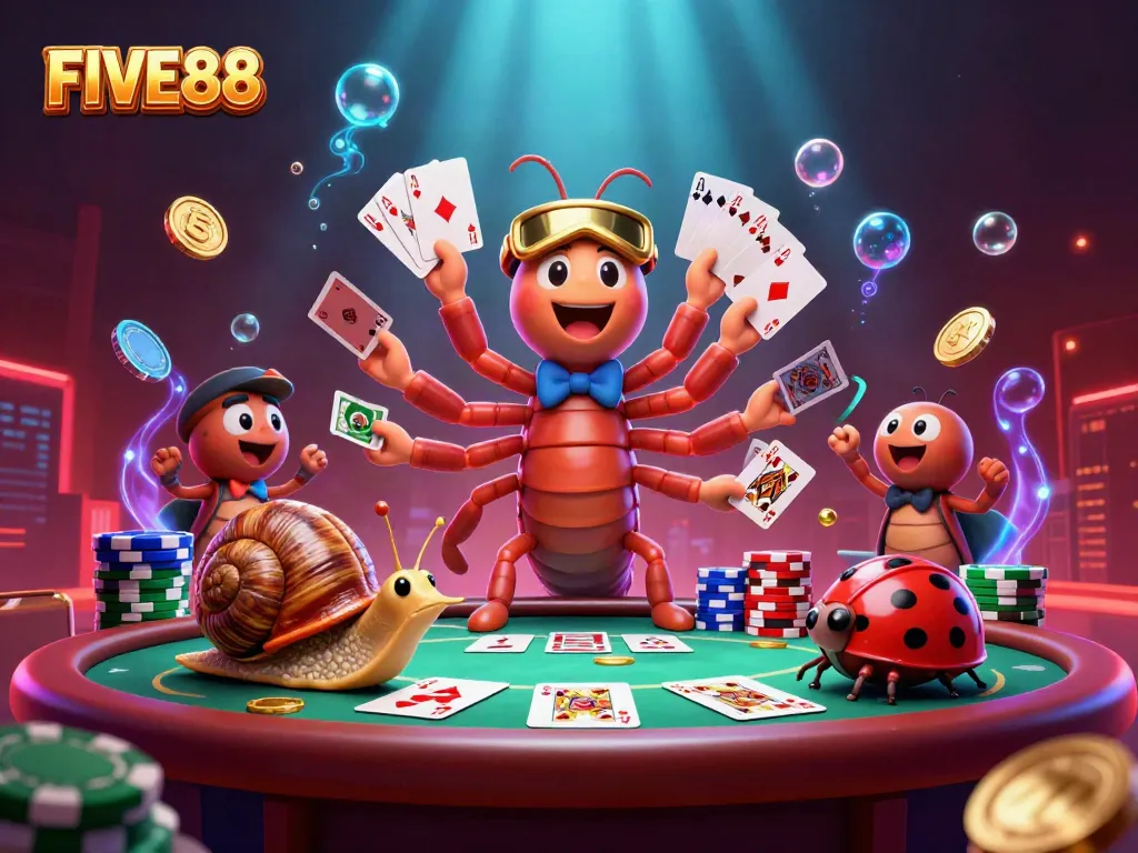 Experience the excitement of FIVE88 with a vibrant casino scene featuring animated characters, poker tables, and glowing coins.