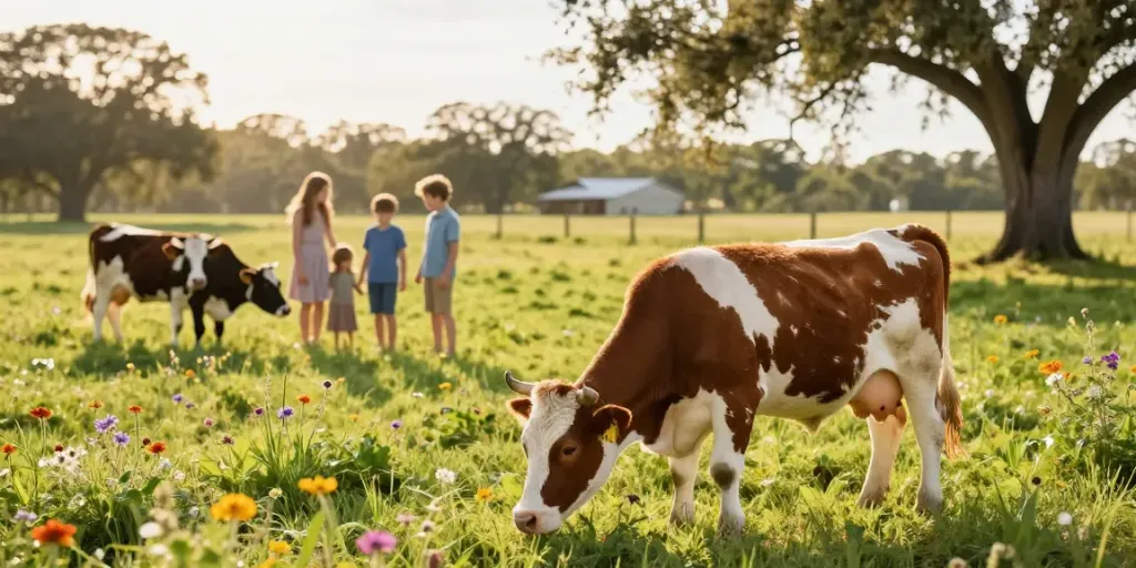 Mini cows for sale in Florida, family interacting with friendly miniature cattle on a sunny ranch.