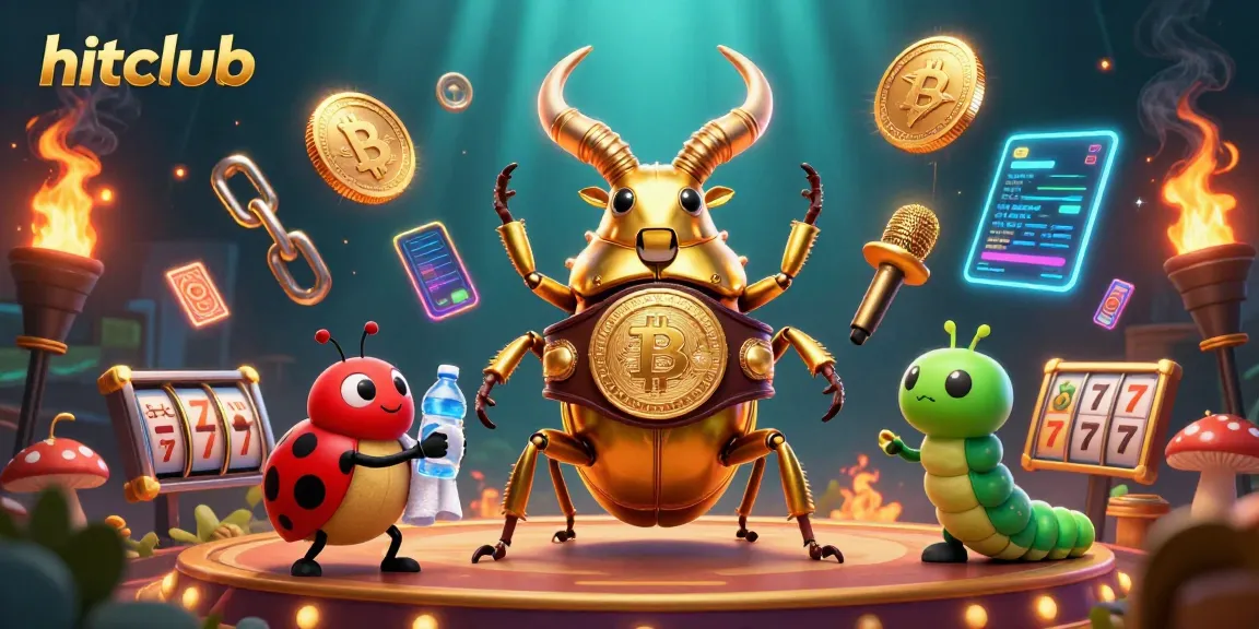Engage in thrilling gameplay at hitclub with the golden stag beetle boxing champion amidst Bitcoin coins.