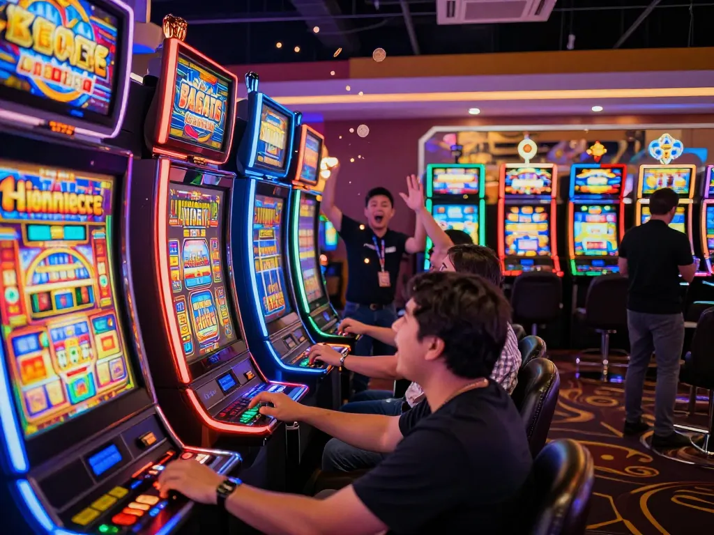 Players enjoying slot gacor machines with vibrant lights and excitement in a lively casino atmosphere.
