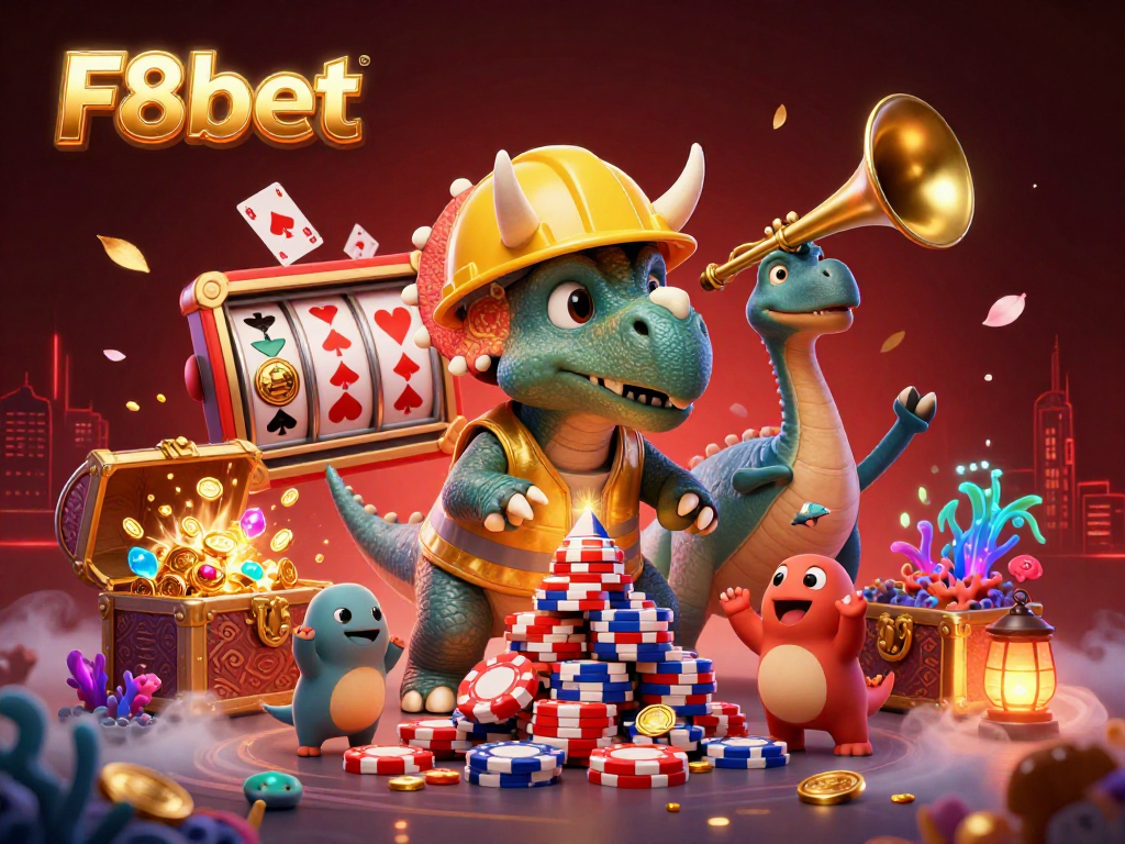 Win big with F8bet's lively 3D cartoon casino scene featuring a vibrant triceratops and playful designs.