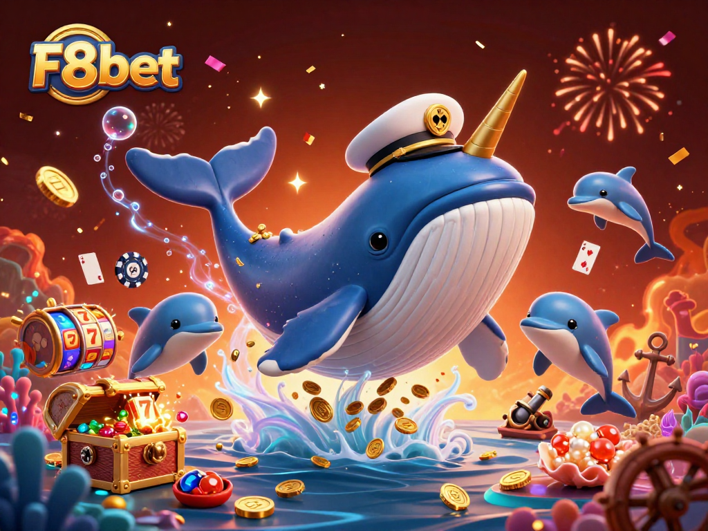 Experience the excitement of F8bet with vibrant 3D casino characters amidst a sea of treasures.