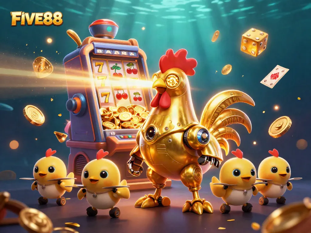 Experience thrilling wins with FIVE88's action-packed casino scene featuring vibrant slot machines and playful characters.