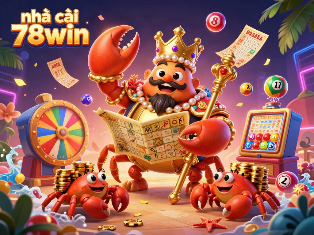 Engage in exciting games with nhà cái 78win as the vibrant scene showcases a 3D golden crab emperor and dynamic casino elements.