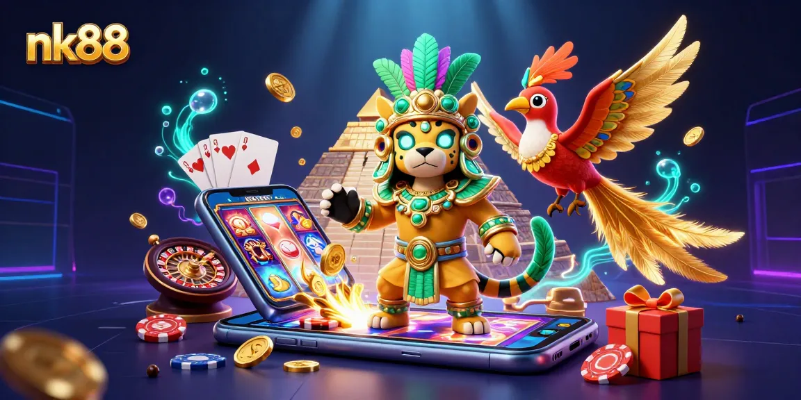 Spin to win at nk88 with a vibrant casino scene featuring cartoon Mayan characters and a slot game.