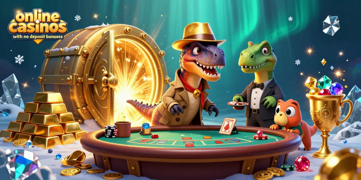 Engage with online casinos with no deposit bonuses as a velociraptor card counter sneaks at a vibrant blackjack table.