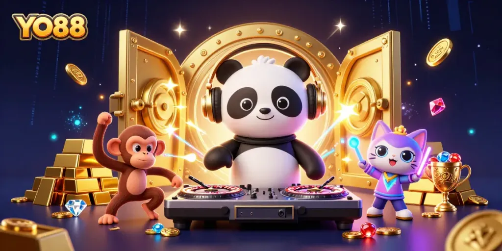 Spinning excitement at YO88 casino with DJ panda, dancing monkey, and rave kitten amidst gold treasures.